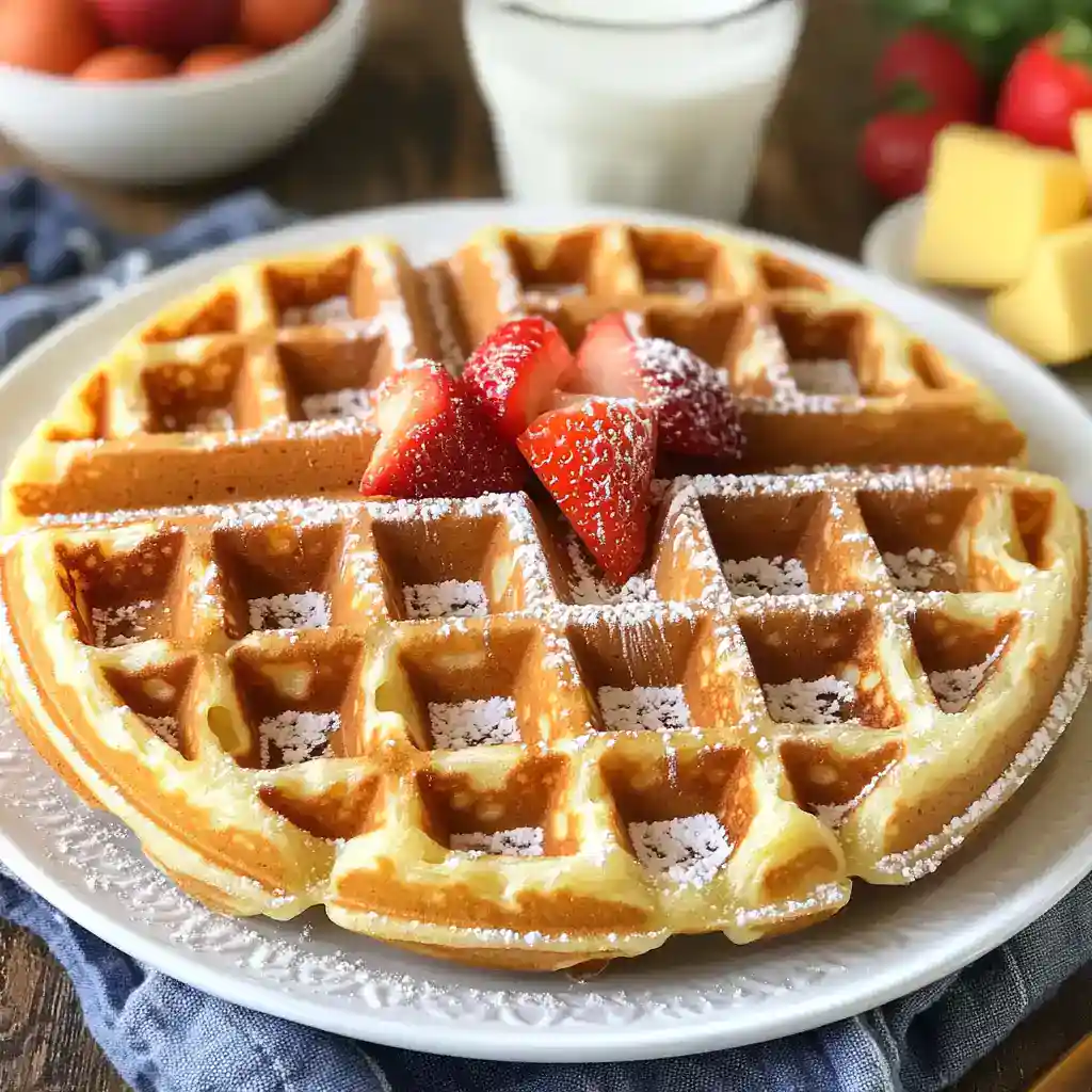 Fluffy Belgian waffles topped with strawberries and powdered sugar on a white plate, perfect for breakfast or brunch, served with fresh fruit, syrup, and whipped cream.