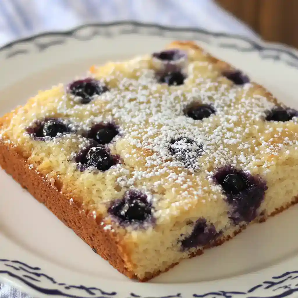 Blueberry sheet cake with powdered sugar on a decorative plate, featuring fresh blueberries and moist crumb. Perfect for desserts or snack recipes.