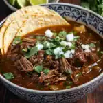 Pulled beef brisket chili in a decorative bowl garnished with cilantro and diced onions, served with crispy corn tortillas, perfect for a hearty Mexican-inspired meal.