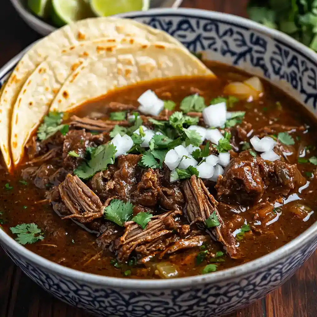 Pulled beef brisket chili in a decorative bowl garnished with cilantro and diced onions, served with crispy corn tortillas, perfect for a hearty Mexican-inspired meal.