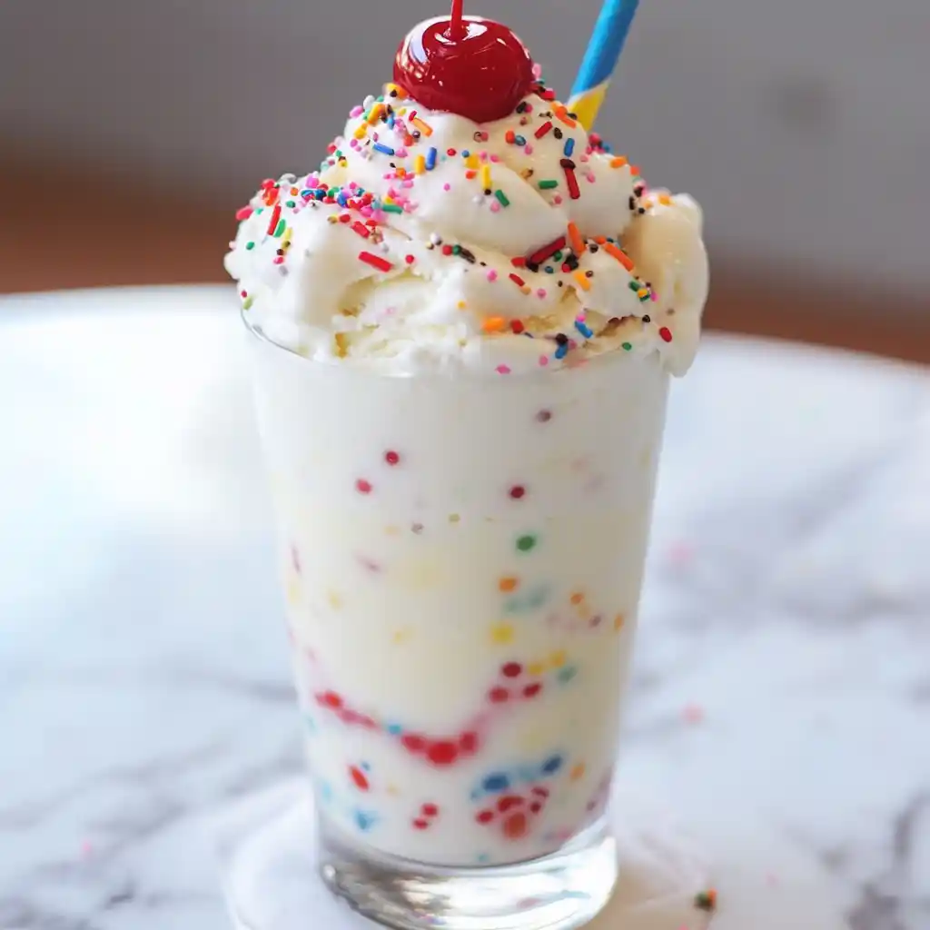 Sweet creamy milkshake topped with whipped cream, colorful sprinkles, and a cherry, served in a tall glass with a blue straw, perfect for dessert or summer treat.