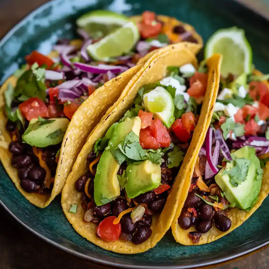 Fresh vegan black bean taco with avocado, diced tomatoes, red onion, cilantro, and lime wedges on a dark green plate, showcasing flavorful and healthy Mexican-inspired recipes.