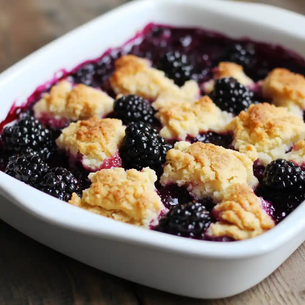 Blackberry cobbler with crumbly topping in a white baking dish, fresh blackberries and berry juice visible, perfect for dessert or summertime treat.