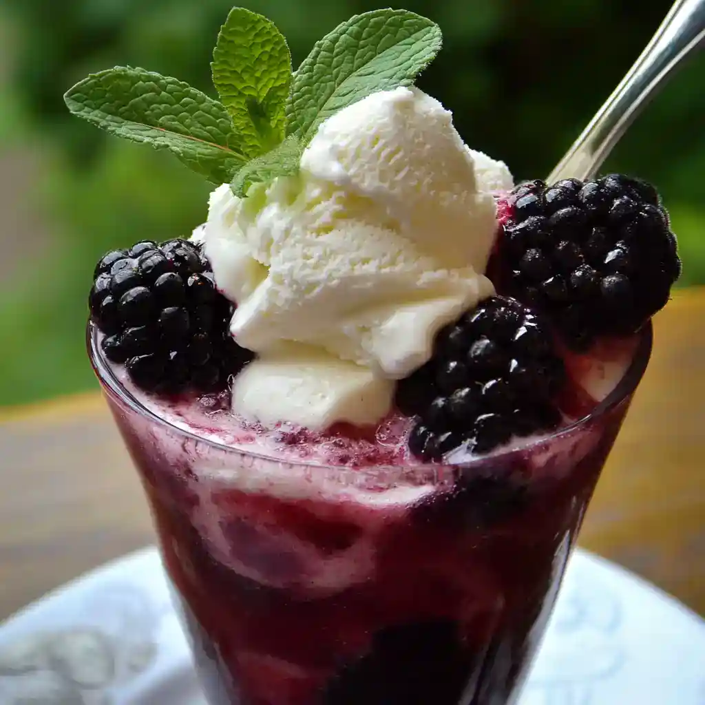 Fresh blackberry and vanilla ice cream dessert garnished with mint leaves, perfect for summer treats and dessert recipes.