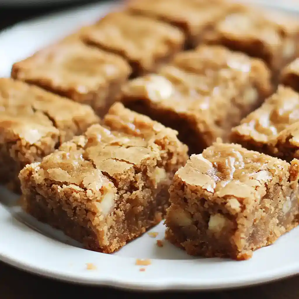 Rich peanut butter and oatmeal bar squares dessert recipe on a white plate, showing close-up of homemade bars with textured, crumbly topping and chewy interior.