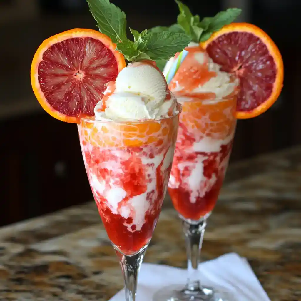 Fresh blood orange parfait with whipped cream, mint garnish, and vibrant citrus slices in tall dessert glasses perfect for summer beverages or brunch.