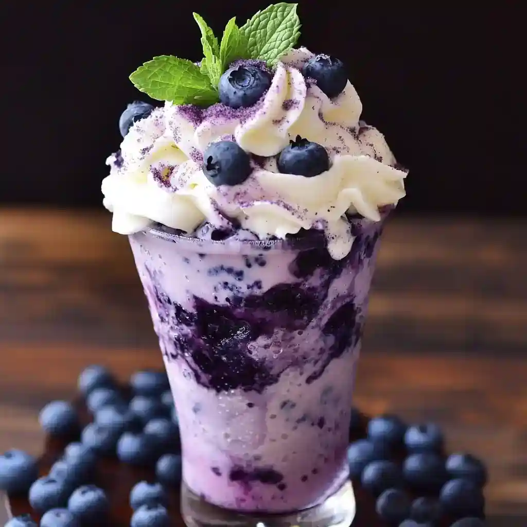 Fresh blueberry milkshake with whipped cream, blueberries, and mint garnish, perfect for summer desserts and smoothies. Ideal for blueberry lovers and easy to make at home or in cafes.