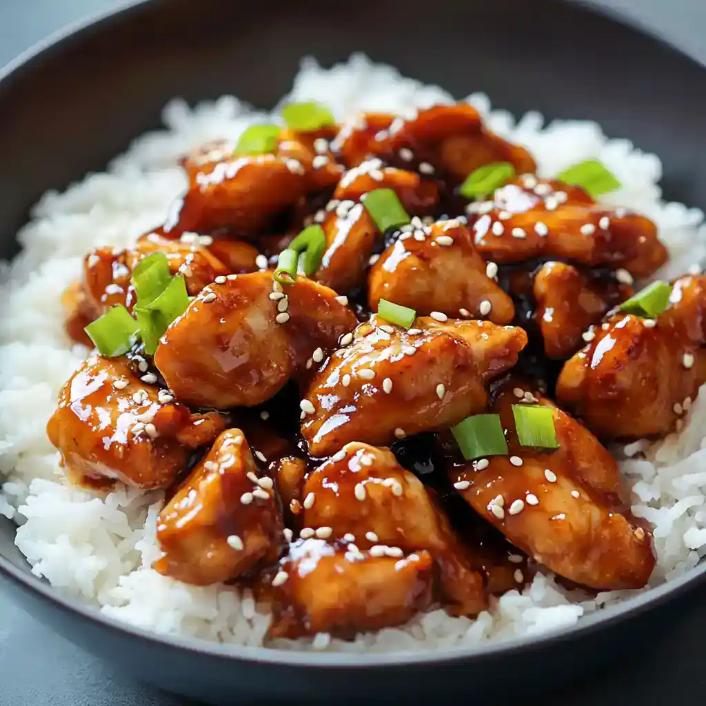 Sticky Asian Chicken Stir Fry over White Rice with Sesame Seeds and Green Onions, a flavorful homemade dish perfect for a quick weeknight dinner.