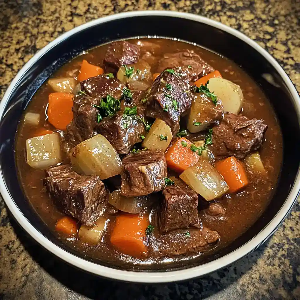 Hearty beef stew with tender cubes of beef, carrots, potatoes, and celery in a rich, savory gravy, perfect for comforting meals and family dinners.