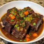 Beef short ribs with vegetables in a rich, savory sauce served in a white bowl. Perfect comfort food recipe that highlights tender meat and flavorful broth, ideal for home-cooked meals.