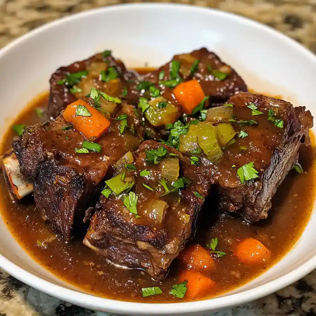 Beef short ribs with vegetables in a rich, savory sauce served in a white bowl. Perfect comfort food recipe that highlights tender meat and flavorful broth, ideal for home-cooked meals.