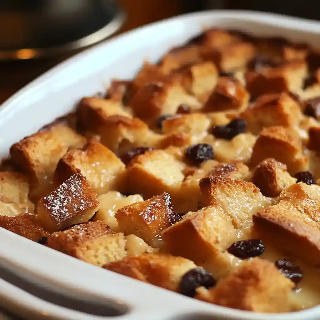 Golden brown bread pudding with raisins in a white baking dish, topped with a caramelized crust. perfect comfort food recipe, easy dessert ideas, and variations for all occasions.