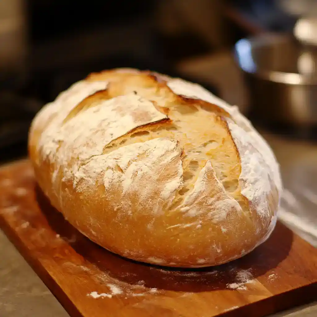 Freshly baked rustic bread loaf with a crispy crust on a wooden cutting board. Perfect for homemade bread recipes and artisanal baking. Ideal for breakfast, sandwiches, or as a side dish.