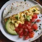Scrambled eggs with avocado, tomato, and cilantro in a soft flour tortilla, served on a white plate. Perfect for breakfast or brunch, featuring fresh ingredients and healthy protein options from Station Recipes.