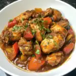 Savory chicken stew with vegetables, herbs, and rich gravy in a white bowl. A hearty, flavorful dish perfect for comfort food lovers, featuring tender chicken and fresh vegetables.