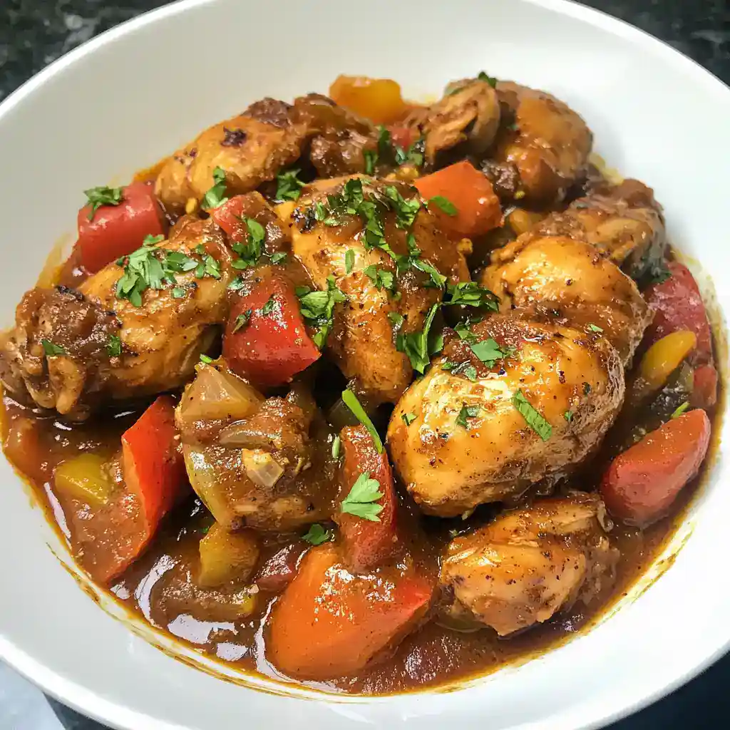 Savory chicken stew with vegetables, herbs, and rich gravy in a white bowl. A hearty, flavorful dish perfect for comfort food lovers, featuring tender chicken and fresh vegetables.