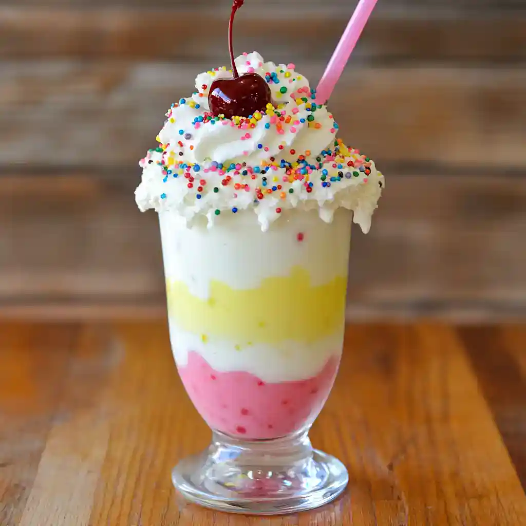 Colorful layered milkshake with whipped cream, rainbow sprinkles, cherry, and pink straw in a tall glass on wooden table, perfect for a fun dessert or celebration.