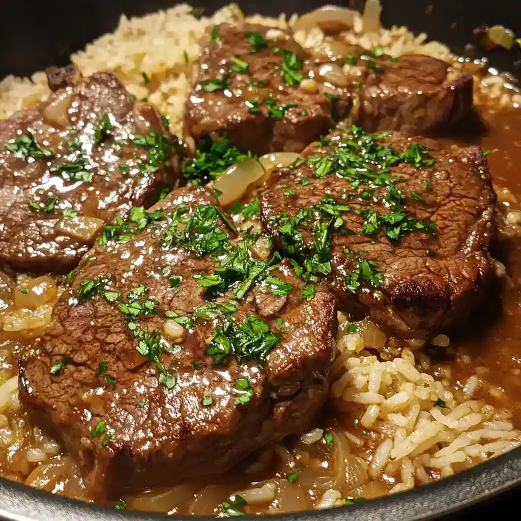 Juicy beef stew with tender meat, caramelized onions, and flavorful herbs served over fluffy brown rice, perfect for hearty homemade meals and comfort food lovers.