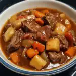 Tender beef stew with carrots, potatoes, and flavorful broth, perfect for hearty comfort meals.