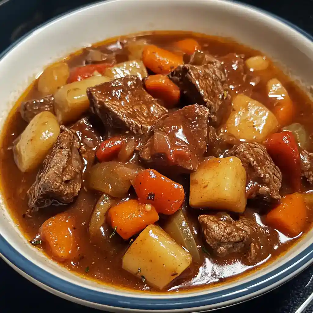 Tender beef stew with carrots, potatoes, and flavorful broth, perfect for hearty comfort meals.