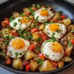 Savory breakfast skillet with crispy potatoes, fresh herbs, and perfectly cooked sunny side up eggs, ideal for a hearty morning meal.