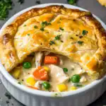 1. Creamy chicken pot pie with flaky golden crust, filled with tender chicken and mixed vegetables in a rich savory sauce. Perfect comfort food for family dinners.