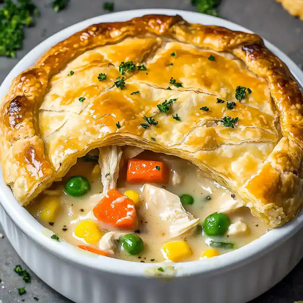 1. Creamy chicken pot pie with flaky golden crust, filled with tender chicken and mixed vegetables in a rich savory sauce. Perfect comfort food for family dinners.