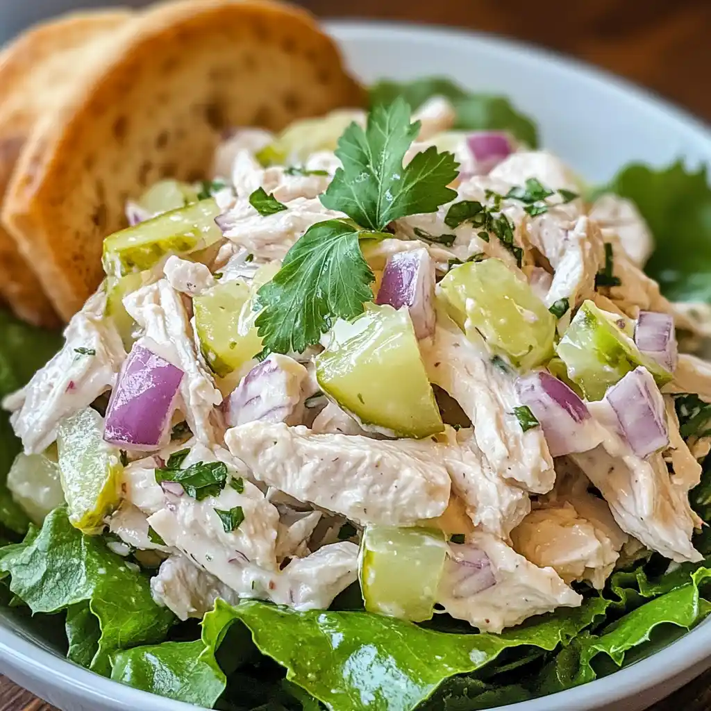 Creamy chicken salad with fresh celery, red onion, and herbs on crisp lettuce, served with toasted bread slices – perfect for a quick lunch or light dinner.