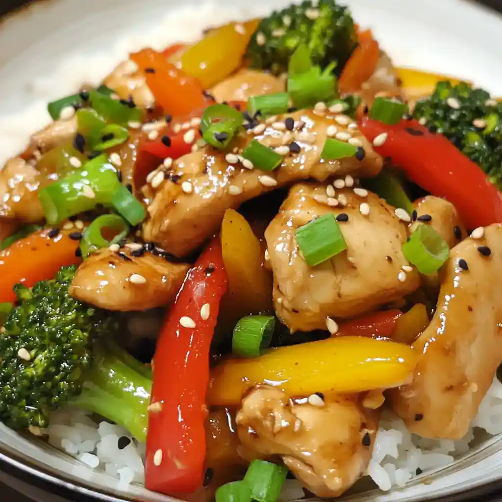 Stir-fry chicken and vegetables dish with broccoli, bell peppers, and green onions over rice, garnished with sesame seeds for a flavorful Asian-inspired meal.