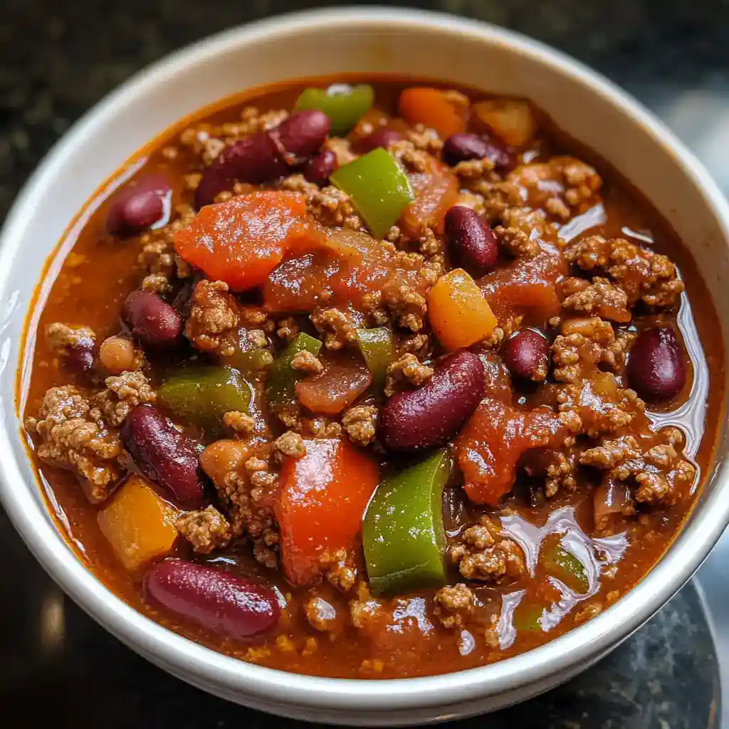 Hearty beef chili with kidney beans, ground beef, and colorful vegetables in a savory tomato sauce. Perfect comfort food recipe for cold days, easy to make in a slow cooker or stovetop.