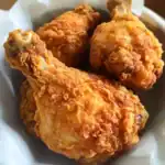 Crispy fried chicken drumsticks with golden, seasoned breading on a white paper-lined basket, perfect for comfort food and family dinners.