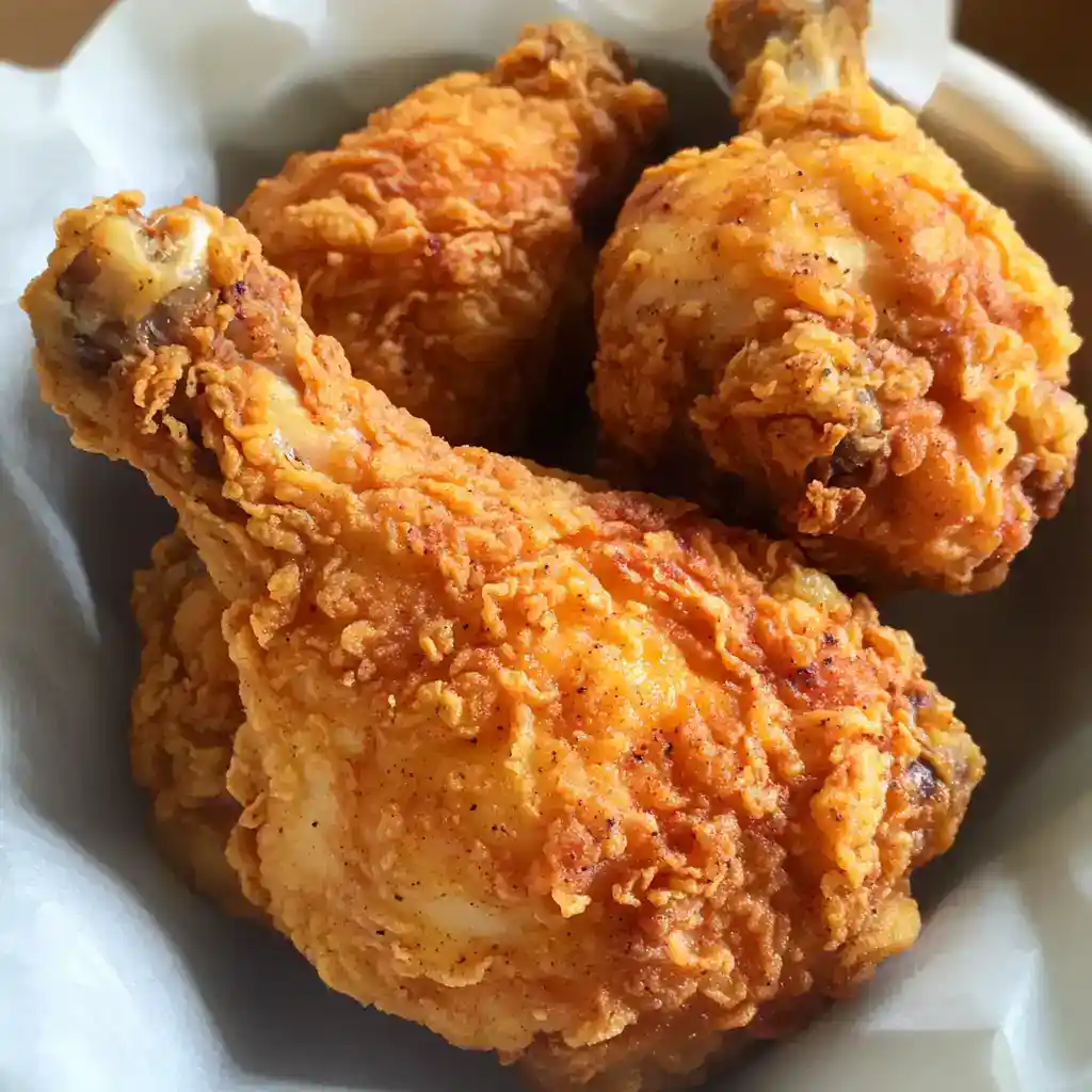 Crispy fried chicken drumsticks with golden, seasoned breading on a white paper-lined basket, perfect for comfort food and family dinners.