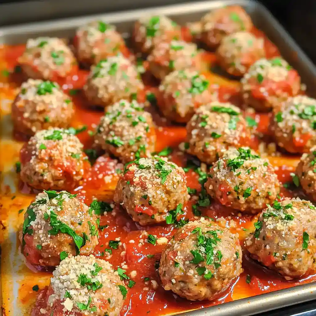 Juicy meatballs baked in marinara sauce, topped with grated cheese and fresh parsley, perfect for Italian-inspired dishes or cozy dinner options.