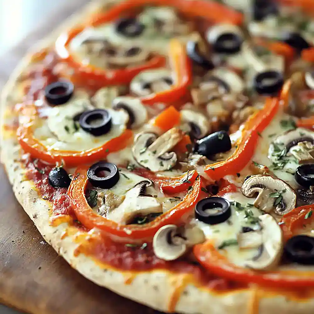 Delicious veggie pizza with mushrooms, black olives, red peppers, and herbs on a crispy crust, perfect for homemade pizza recipes and comfort food.