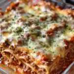 Cheesy beef lasagna in a glass baking dish, topped with melted cheese and herbs, ready to serve, perfect comfort food, homemade Italian recipe, station recipes cuisine, easy dinner idea.