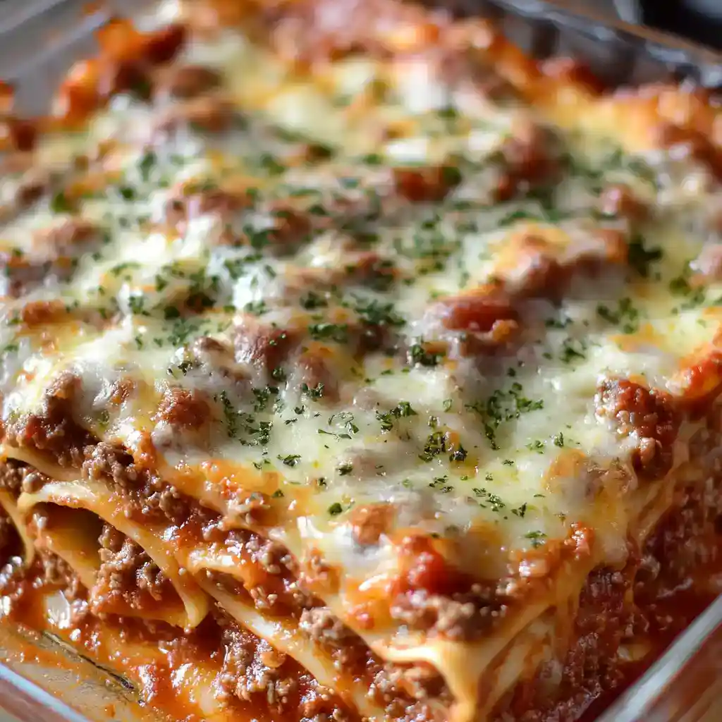 Cheesy beef lasagna in a glass baking dish, topped with melted cheese and herbs, ready to serve, perfect comfort food, homemade Italian recipe, station recipes cuisine, easy dinner idea.