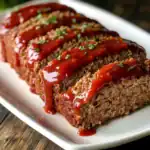 Juicy meatloaf slices topped with rich tomato sauce, garnished with fresh herbs, served on a white platter for a classic comfort food dish. Perfect for family dinners and easy to prepare at home.