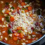 Creamy vegetable soup with pasta, carrots, celery, and red beans topped with shredded cheese, simmering in a flavorful broth. Perfect comfort food recipe from Station Recipes.