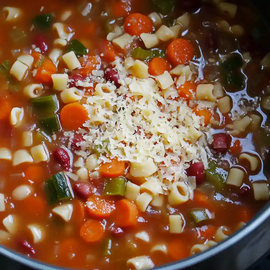 Creamy vegetable soup with pasta, carrots, celery, and red beans topped with shredded cheese, simmering in a flavorful broth. Perfect comfort food recipe from Station Recipes.