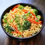 1. Stir-fried vegetable ramen noodles with broccoli, carrots, and green onions in a black bowl, served as a healthy Asian-inspired meal.