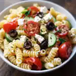 Creamy pasta salad with cherry tomatoes, black olives, cucumbers, feta cheese, and fresh herbs, perfect for outdoor gatherings and easy to make with Station Recipes.