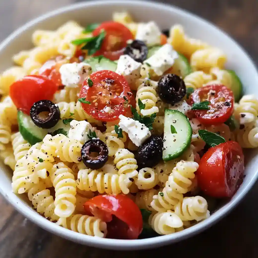 Creamy pasta salad with cherry tomatoes, black olives, cucumbers, feta cheese, and fresh herbs, perfect for outdoor gatherings and easy to make with Station Recipes.