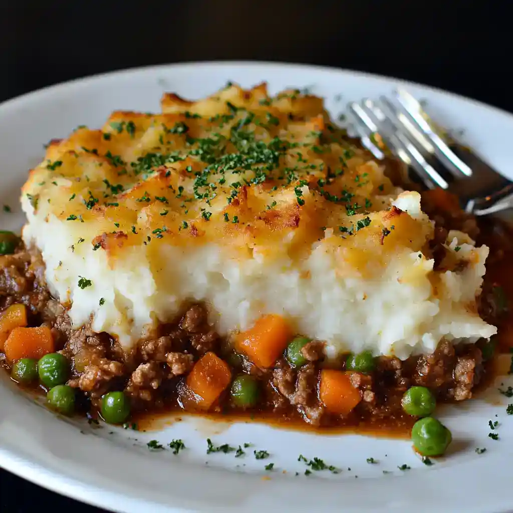 Creamy garlic mashed potatoes with savory ground beef and mixed vegetables, topped with fresh herbs, served on a white plate for a hearty comfort food meal.