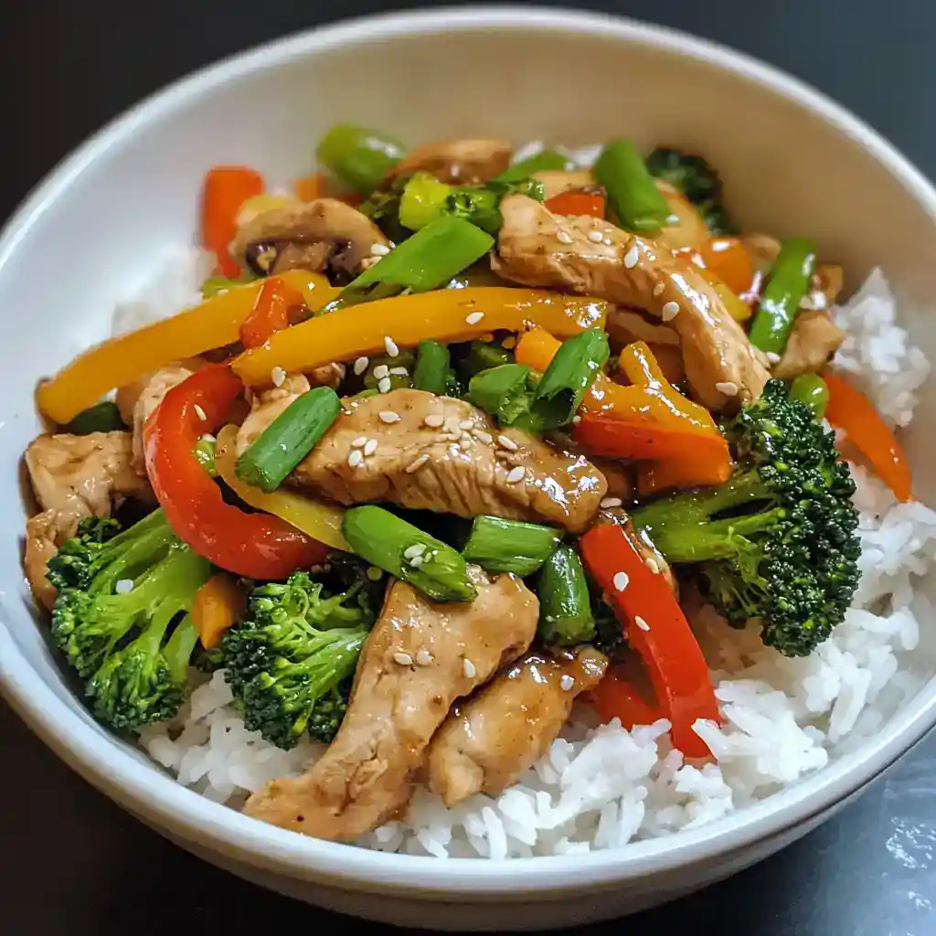 Stir-fry chicken with colorful vegetables served over rice, healthy and delicious Asian-inspired dinner or lunch option.
