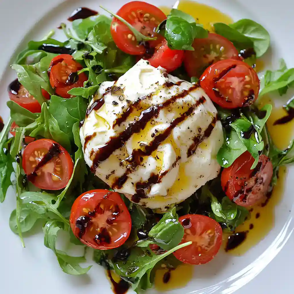 Fresh basil and cherry tomato salad with burrata cheese, balsamic glaze, olive oil, and fresh herbs - a delicious and easy recipe from Station Recipes.