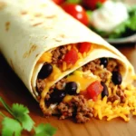 Cheesy beef and bean burrito with diced tomatoes and fresh ingredients on a wooden surface.