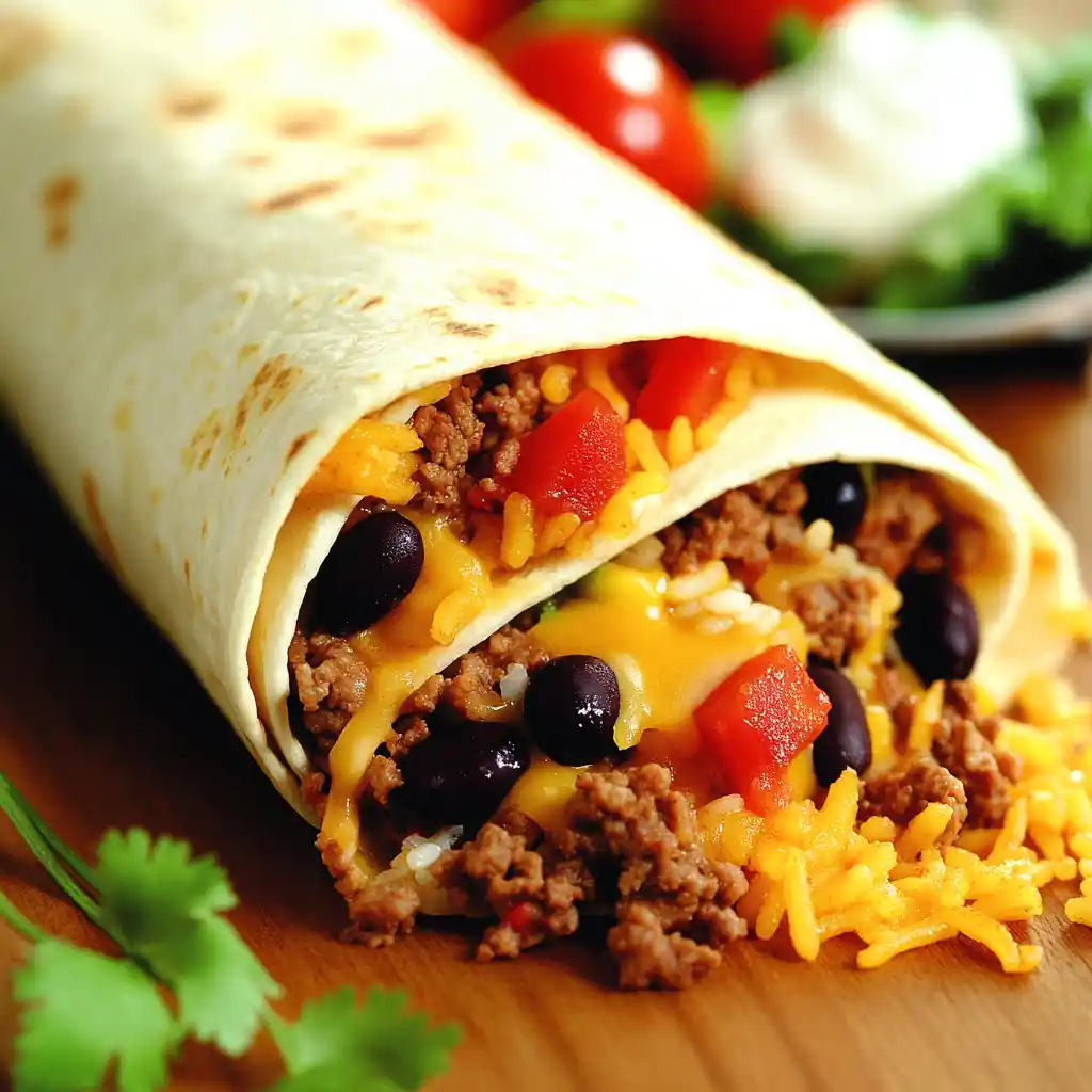 Cheesy beef and bean burrito with diced tomatoes and fresh ingredients on a wooden surface.