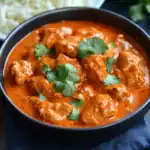 Creamy chicken tikka masala in a black bowl garnished with fresh cilantro. Classic Indian dish featuring tender chicken in a flavorful, spiced tomato-based sauce. Perfect for serving with rice or naan bread.