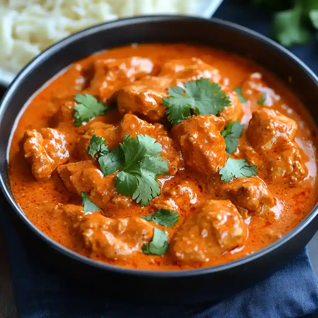 Creamy chicken tikka masala in a black bowl garnished with fresh cilantro. Classic Indian dish featuring tender chicken in a flavorful, spiced tomato-based sauce. Perfect for serving with rice or naan bread.