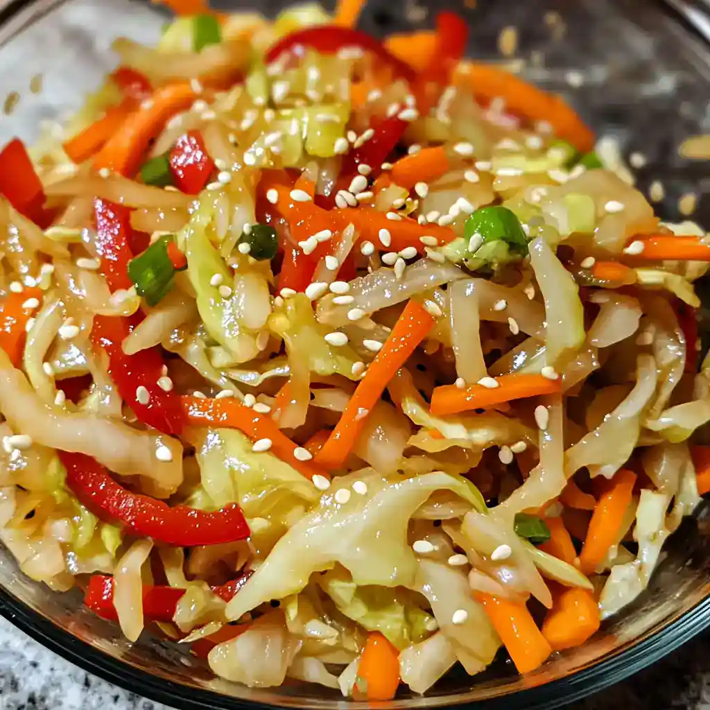 Stir-fried vegetable medley with colorful peppers, carrots, cabbage, and sesame seeds – healthy, quick, and delicious recipe from Station Recipes.